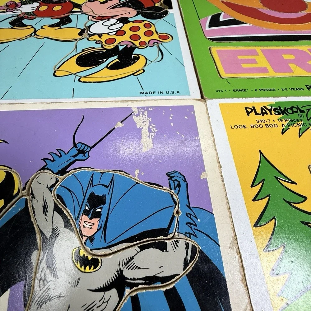 Playskool Wood Puzzles‎ Sesame Street Yogi Batman Mickey Vintage Lot of 4 READ